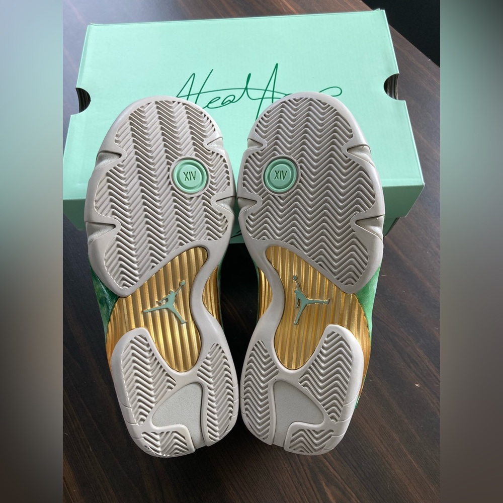 Women's Air Jordan 14 x Aleali May - Fortune - Tan and Green, Size 6.5 W - Picture 9 of 11